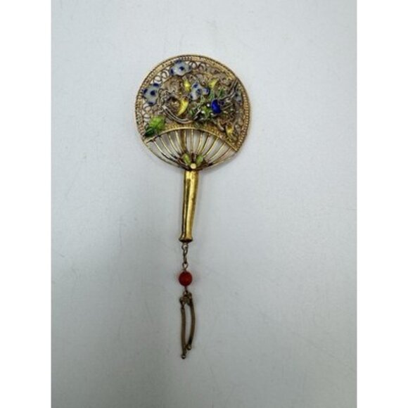 Vintage Sterling Silver Chinese Coral Enamel Filigree Dragon Pin Brooch - Picture 4 of 8